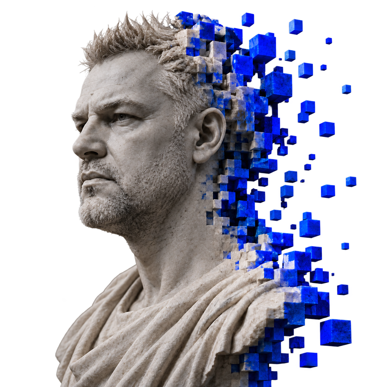 Un busto classico di marmo si scompone in pixel blu
